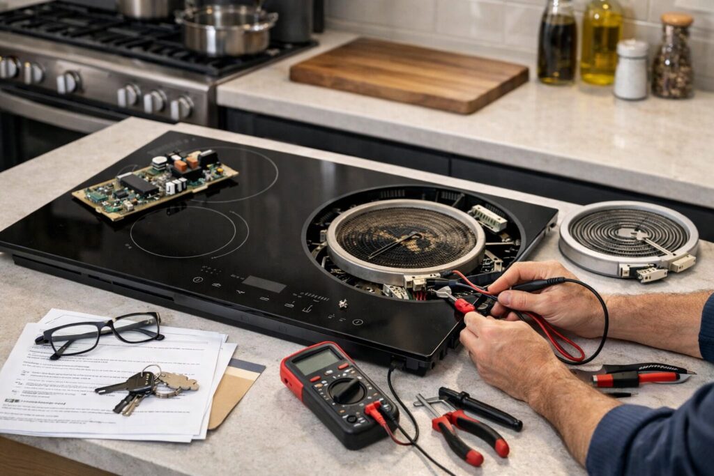 Technician repairing a modern cooktop in a clean kitchen, focusing on control panel and heating elements maintenance