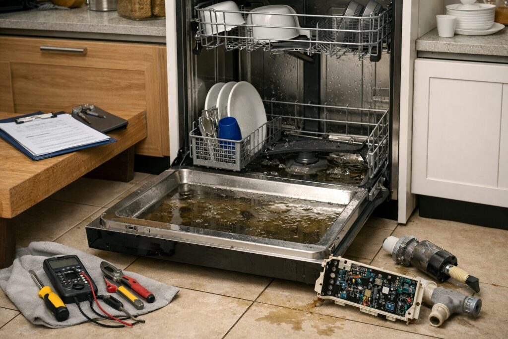 Technician repairing a dishwasher pump inside a modern kitchen with natural lighting and repair tools visible