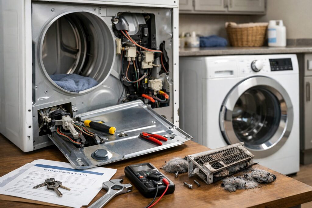 Technician inspecting a modern dryer in a clean, well-lit laundry room during a repair service visit
