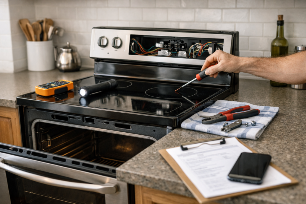 Electric range with open oven door and technician inspecting control panel in a modern kitchen setting