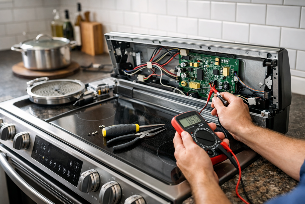Electric range opened for repair with visible electronic control board and tools on kitchen countertop in modern home