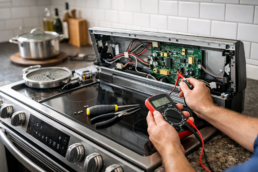 Electric range opened for repair with visible electronic control board and tools on kitchen countertop in modern home