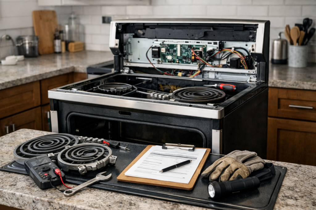 Electric range in modern kitchen with technician inspecting control panel and repair tools on countertop nearby