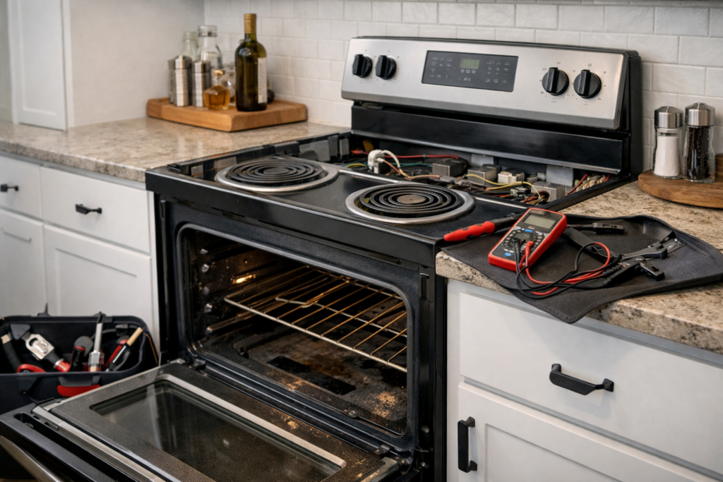 Electric range with visible control panel and oven door in a modern kitchen setting suggesting maintenance or repair context