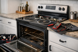 Electric range with visible control panel and oven door in a modern kitchen setting suggesting maintenance or repair context