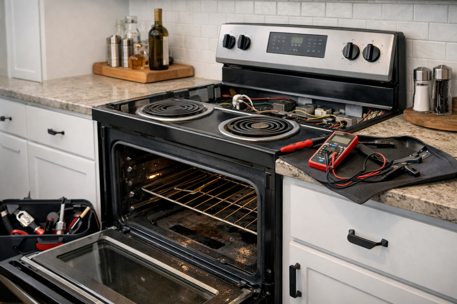 Electric range with visible control panel and oven door in a modern kitchen setting suggesting maintenance or repair context