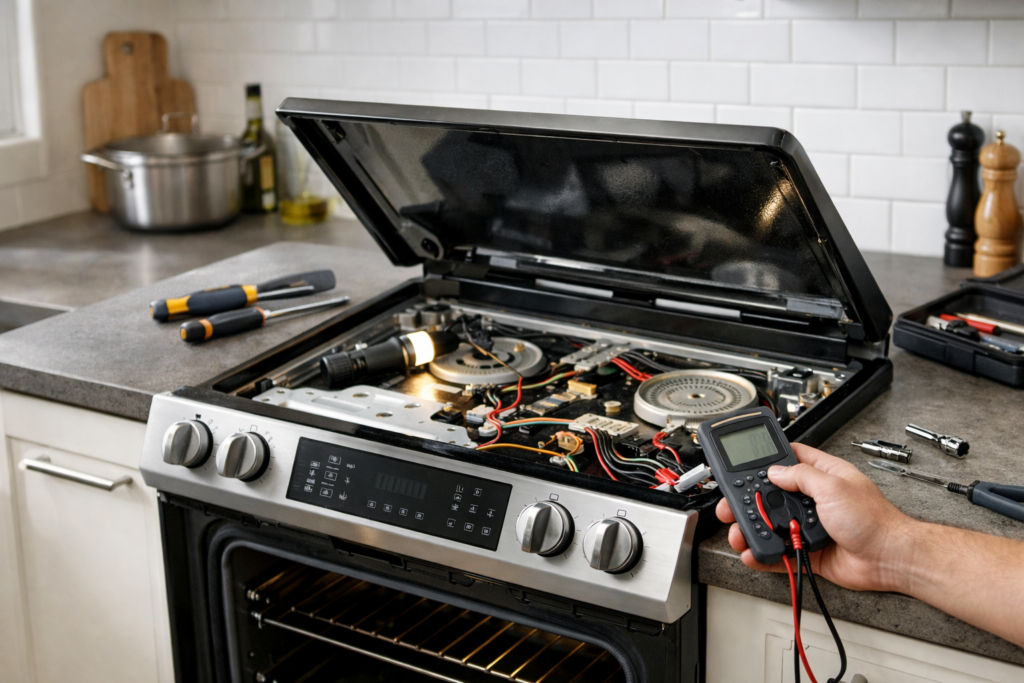 Electric range with open oven door in modern kitchen showing repair tools on countertop nearby