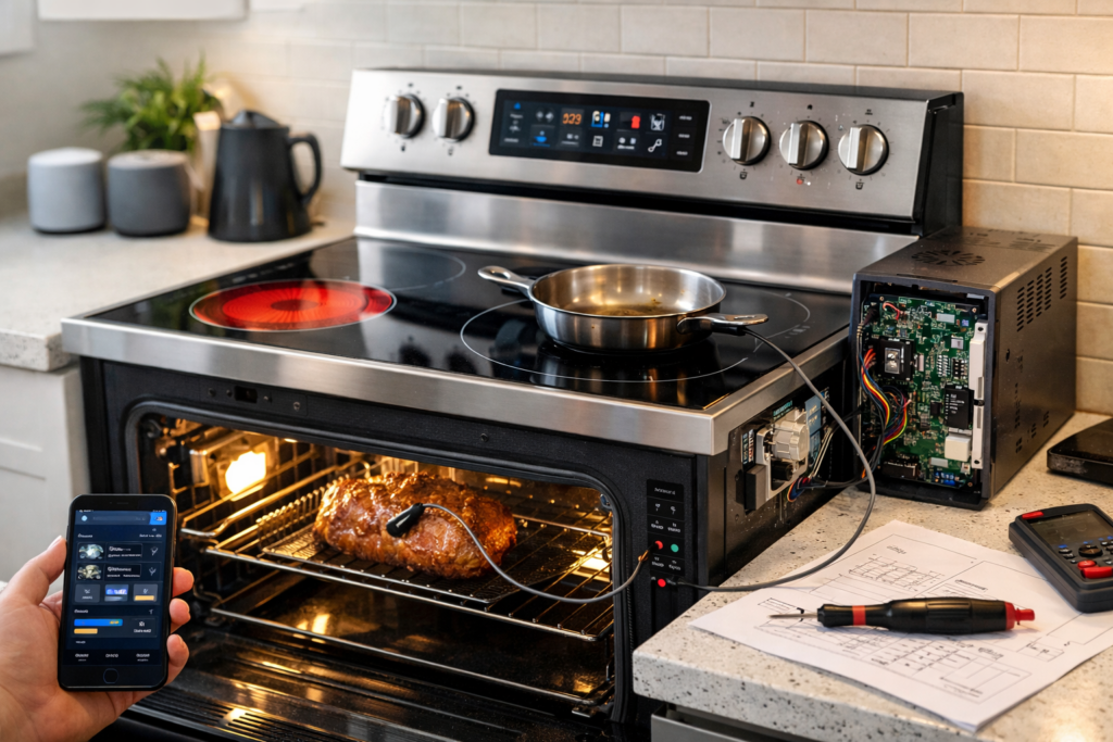 modern electric range in a clean kitchen with digital control panel highlighting smart technology features