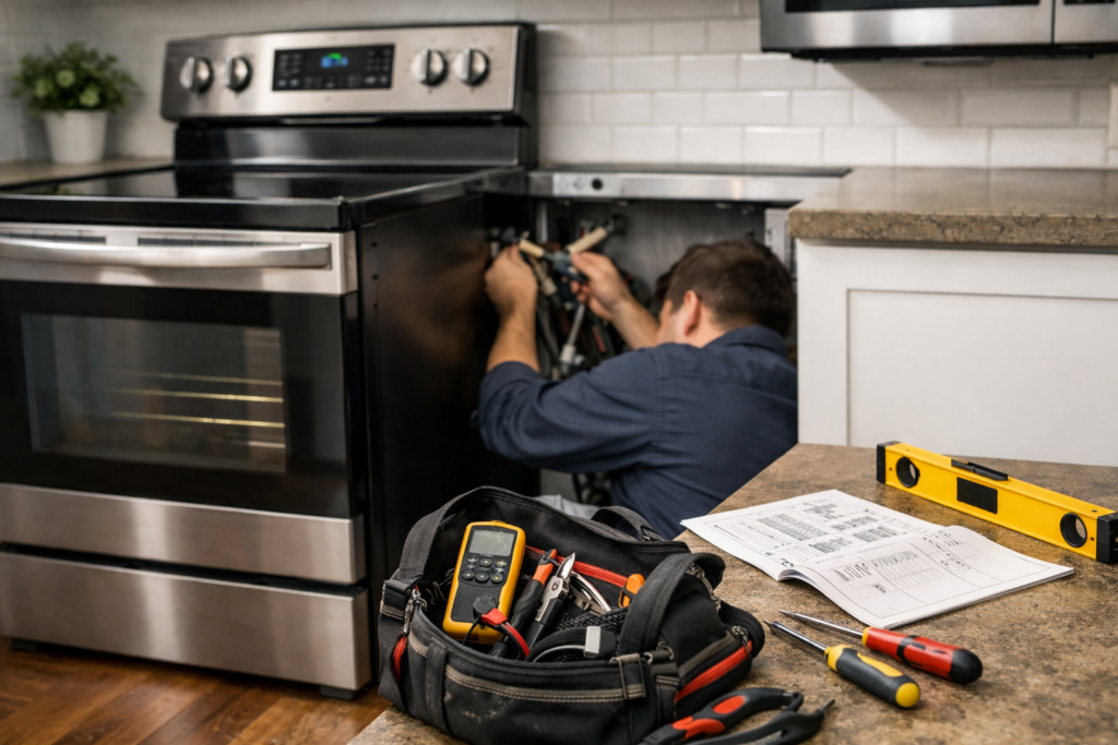 Electric range in a modern kitchen with a technician inspecting wiring for professional installation and warranty compliance