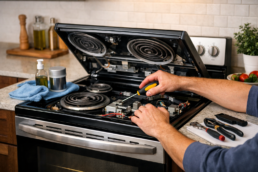 Technician inspecting and repairing an electric range in a modern kitchen with natural lighting and repair tools visible