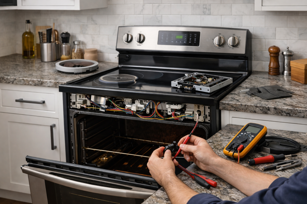 Electric range with open oven door and technician inspecting internal components in a modern kitchen setting