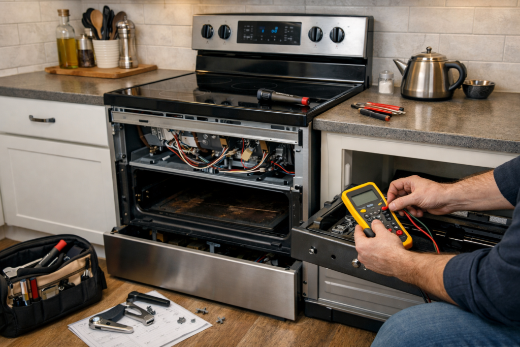 Electric range in modern kitchen with technician inspecting control panel and repair tools nearby on countertop