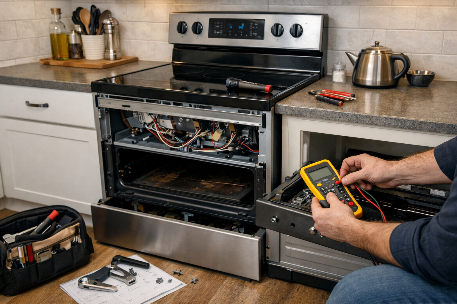 Electric range in modern kitchen with technician inspecting control panel and repair tools nearby on countertop