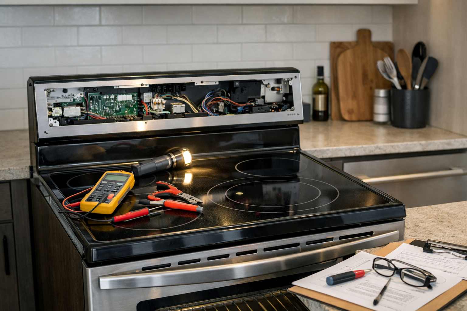 Electric range with open oven door in modern kitchen showing technician tools nearby for repair or maintenance work