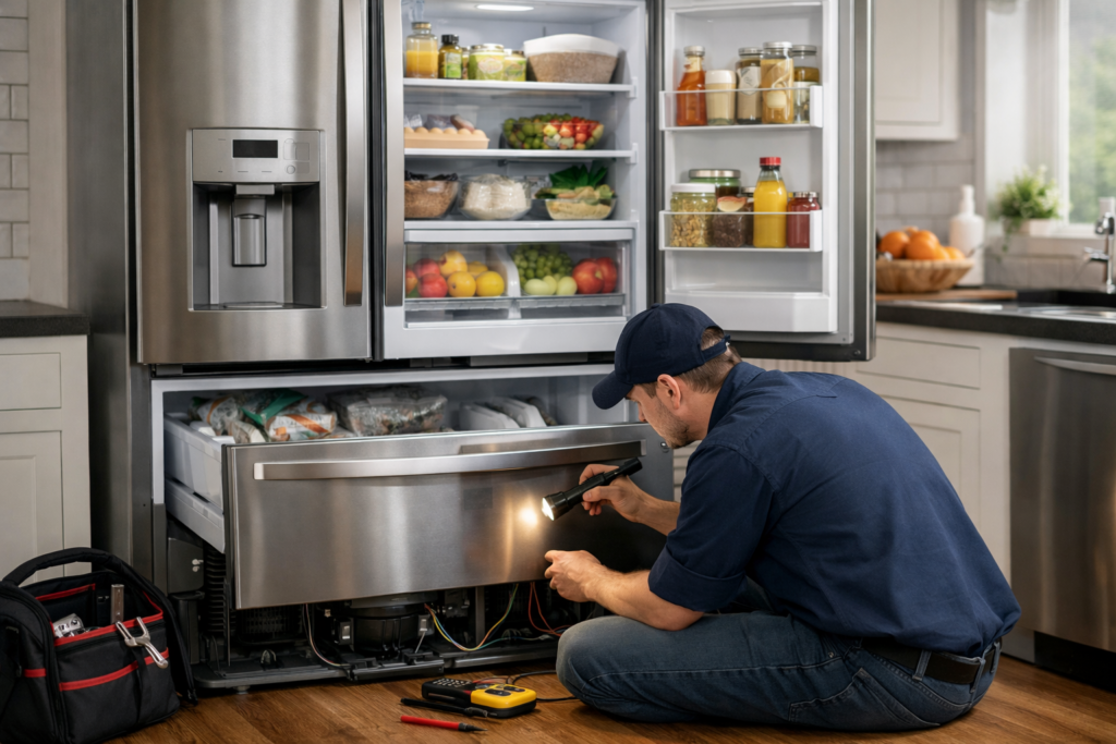 Technician inspecting a modern French door refrigerator in a bright kitchen during a repair service visit