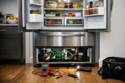 French door refrigerator open in modern kitchen with visible electronic control panel and diagnostic tools nearby