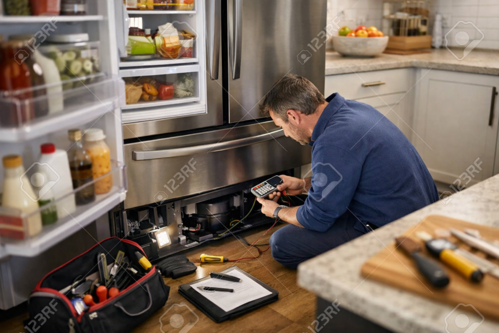 Technician inspecting a modern French door refrigerator in a bright kitchen, focusing on repair and maintenance tasks