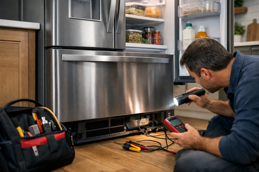 Technician inspecting a modern French door refrigerator in a bright kitchen setting with repair tools nearby