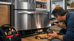 Technician inspecting a modern French door refrigerator in a bright kitchen setting with repair tools nearby