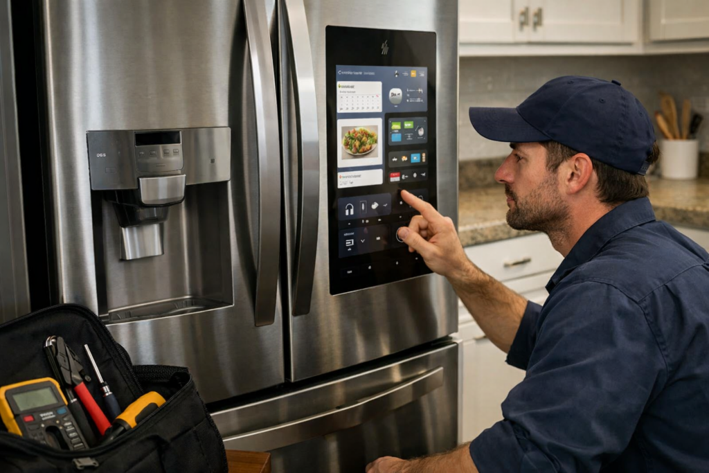 technician inspecting control panel of modern French door refrigerator in a bright kitchen setting