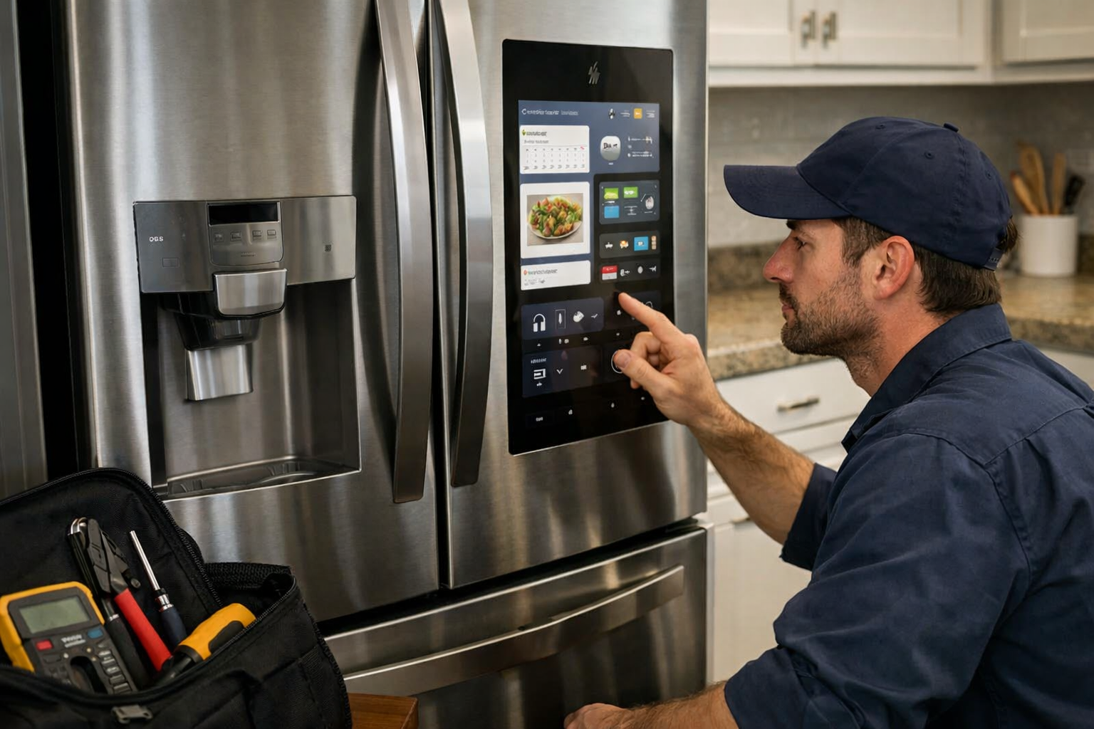 technician inspecting control panel of modern French door refrigerator in a bright kitchen setting