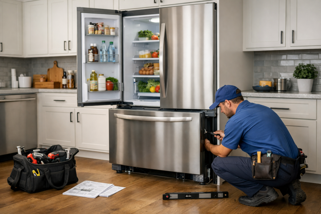 Technician professionally installing a French door refrigerator in a modern kitchen setting with tools nearby