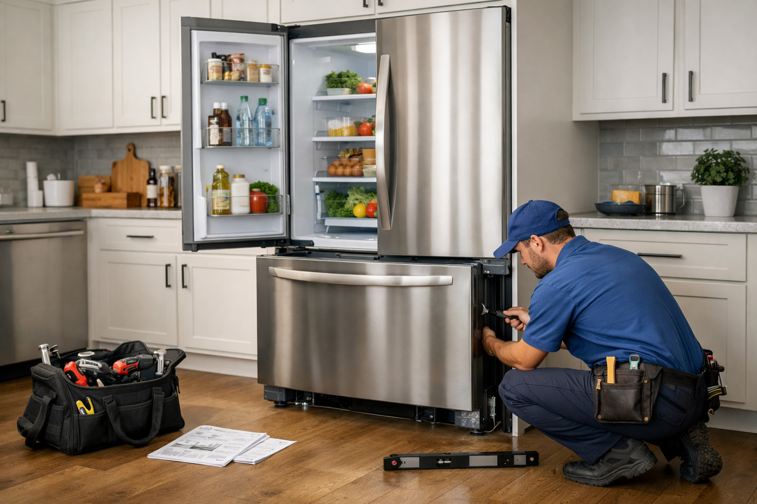 Technician professionally installing a French door refrigerator in a modern kitchen setting with tools nearby