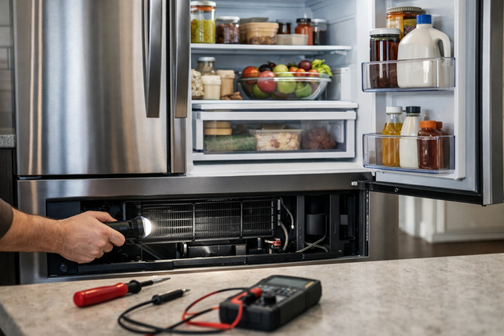 Technician inspecting and repairing a modern French door refrigerator in a bright, contemporary kitchen setting