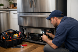 Technician inspecting open French door refrigerator in modern kitchen during repair service visit