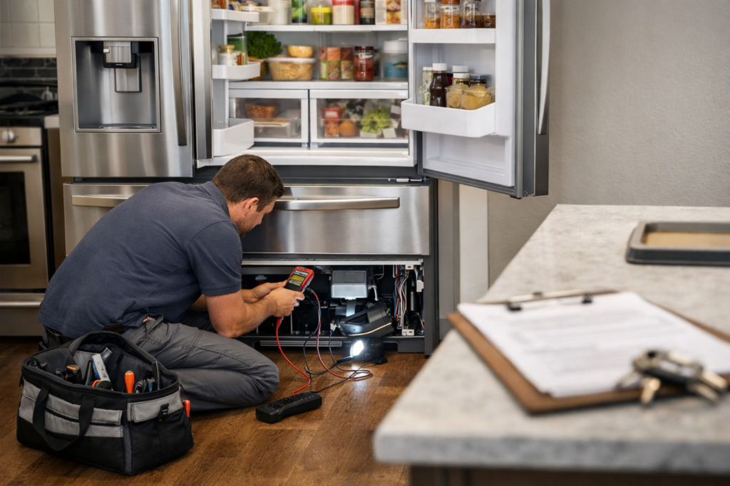 Technician inspecting a modern French door refrigerator in a bright kitchen, focusing on repair and warranty concerns