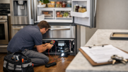 Technician inspecting a modern French door refrigerator in a bright kitchen, focusing on repair and warranty concerns