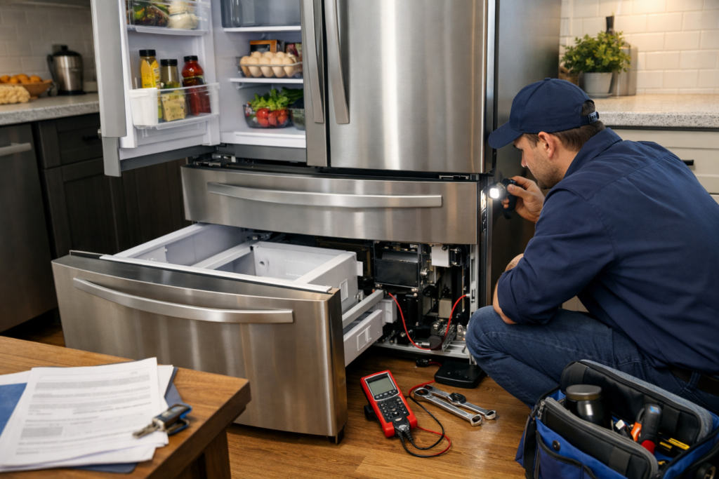 Technician inspecting a modern French door refrigerator in a bright kitchen during a repair service visit