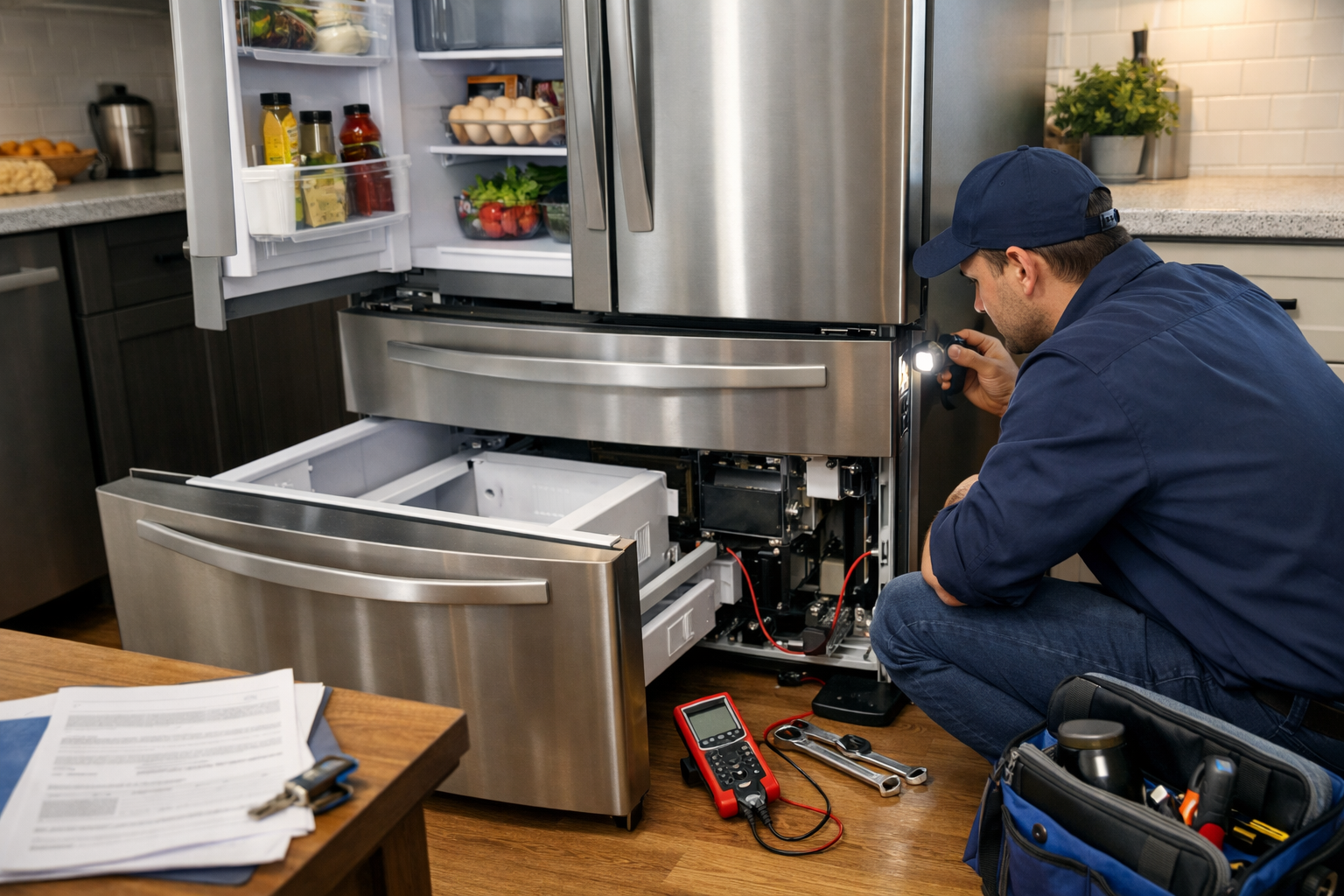 Technician inspecting a modern French door refrigerator in a bright kitchen during a repair service visit