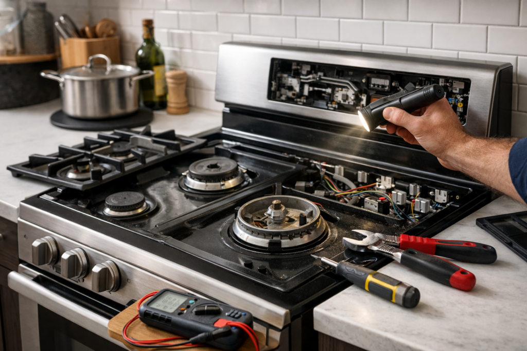 Technician inspecting a modern gas range stove in a bright kitchen during a repair service call