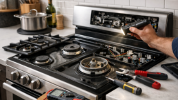 Technician inspecting a modern gas range stove in a bright kitchen during a repair service call