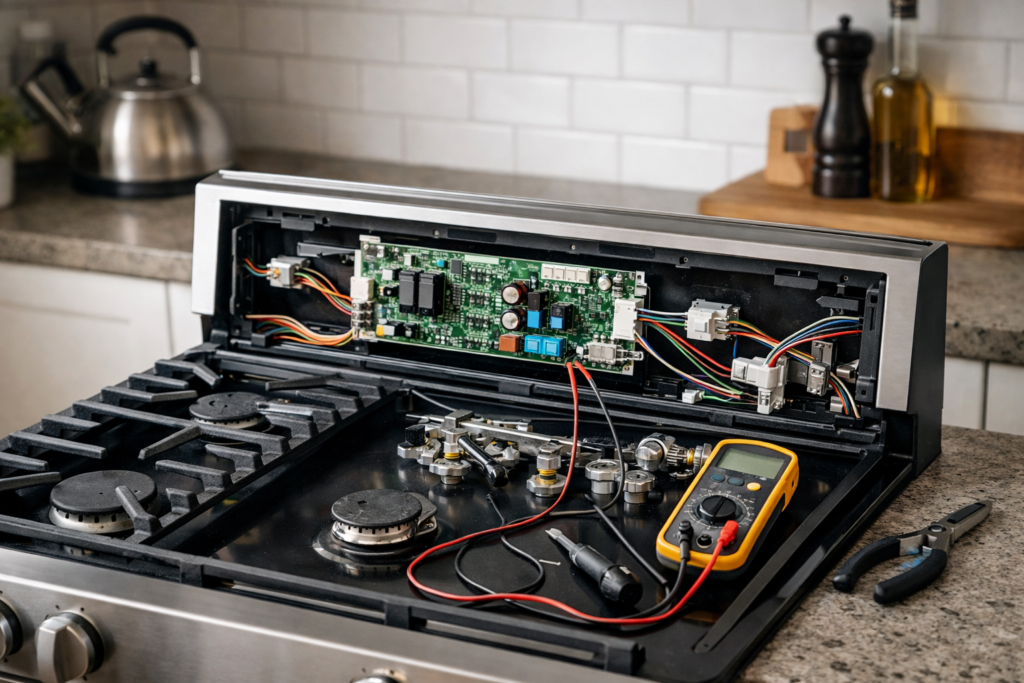 Technician inspecting the internal electronic components of a gas range in a modern kitchen setting
