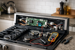 Technician inspecting the internal electronic components of a gas range in a modern kitchen setting