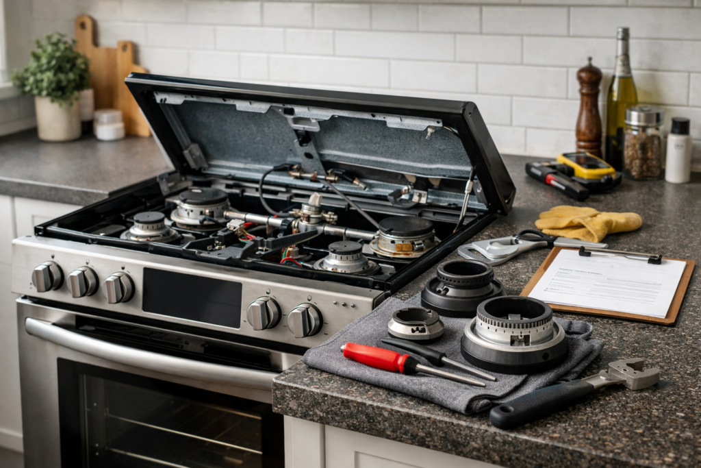 Modern kitchen gas range with a technician inspecting burners and repair tools on countertop nearby