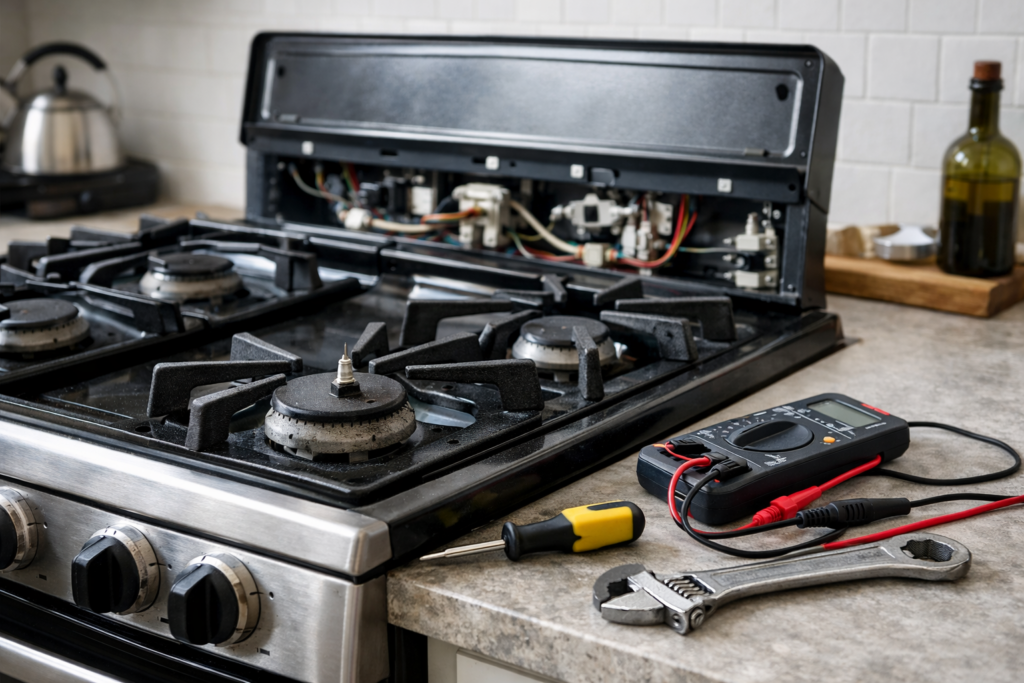 Modern kitchen gas range with visible burner and control knobs in a clean home setting suggesting appliance inspection or