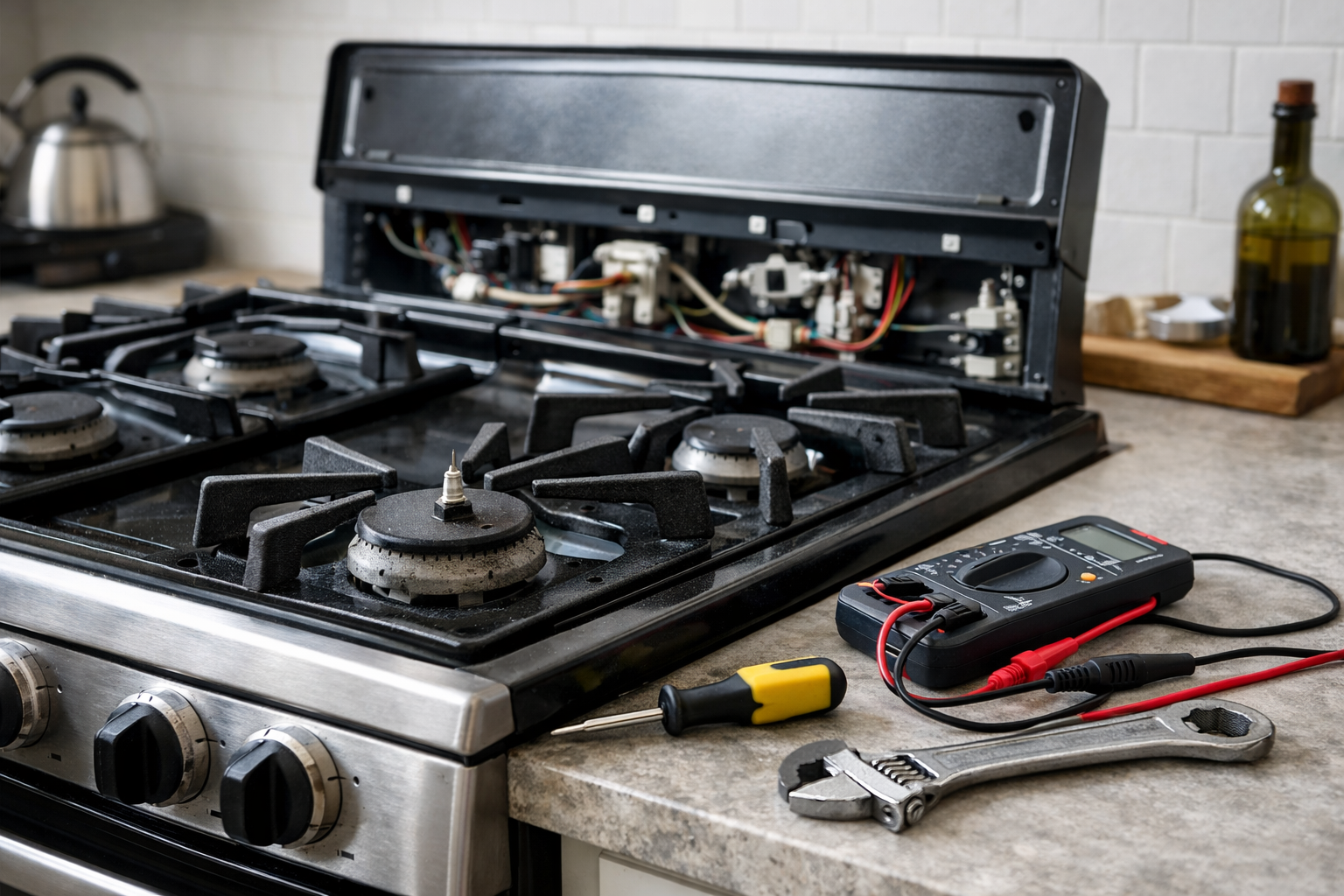 Modern kitchen gas range with visible burner and control knobs in a clean home setting suggesting appliance inspection or