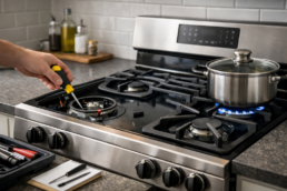 Gas range with visible burner and control panel in a modern kitchen setting highlighting appliance reliability concerns