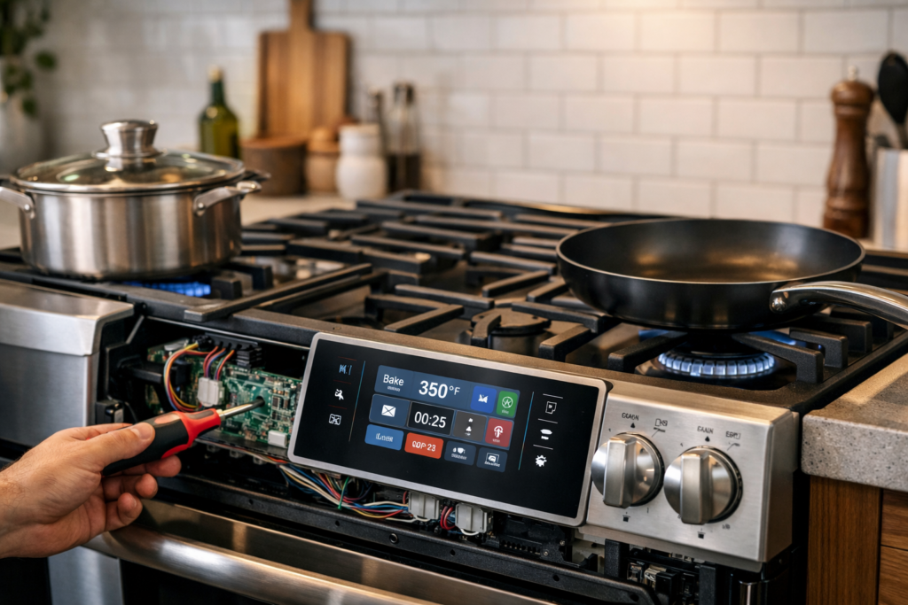 modern gas range in a clean kitchen with digital control panel and smart technology features visible on display
