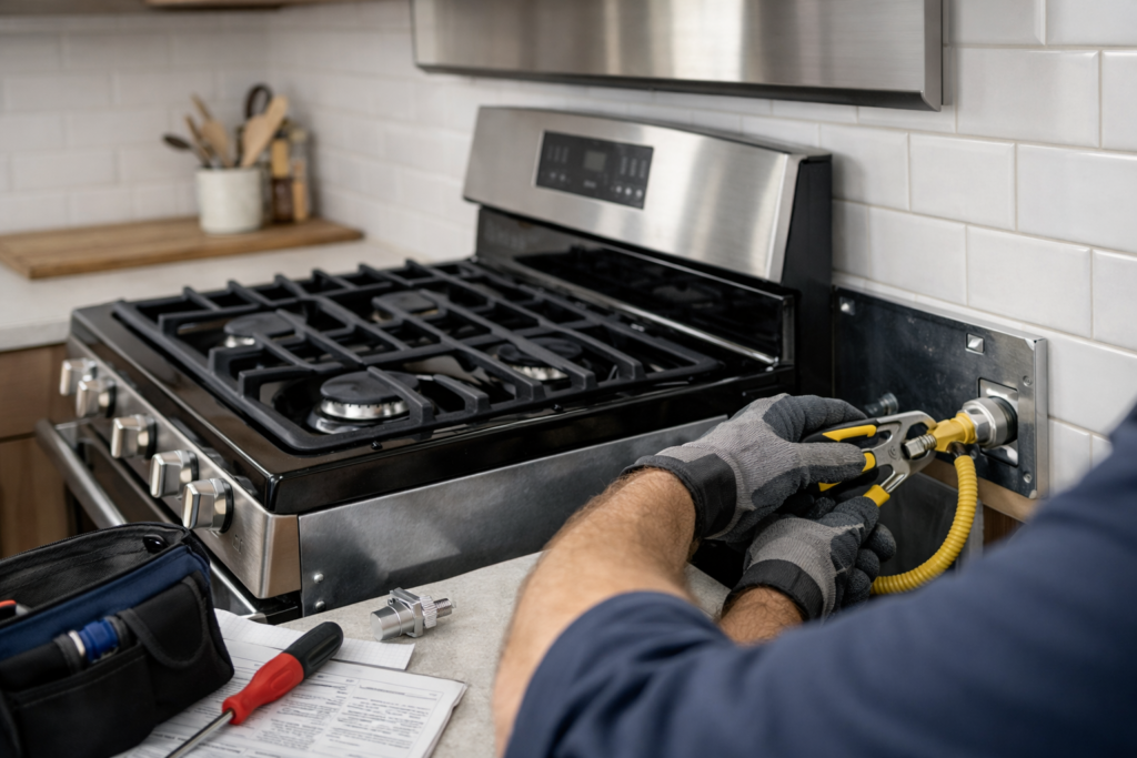 Professional technician installing a gas range in a modern kitchen emphasizing warranty compliance and safety standards