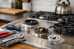 Technician inspecting and maintaining a modern gas range in a clean, well-lit kitchen environment