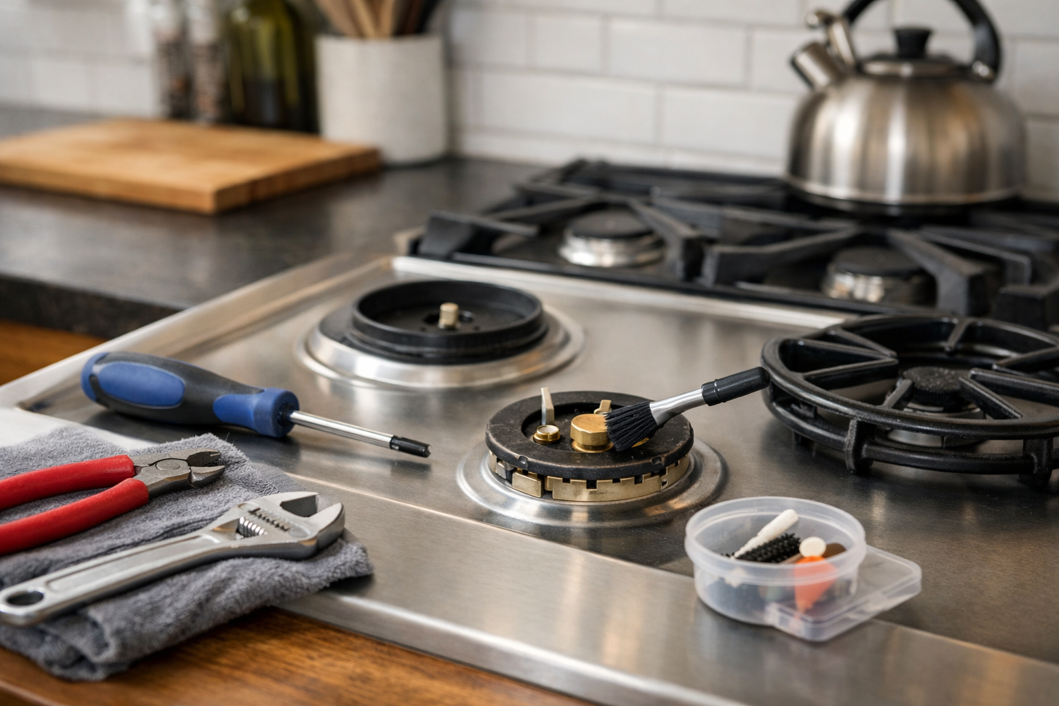 Technician inspecting and maintaining a modern gas range in a clean, well-lit kitchen environment