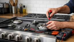 Gas range with open oven door and technician inspecting burners in a modern kitchen repair setting
