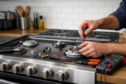 Gas range with open oven door and technician inspecting burners in a modern kitchen repair setting