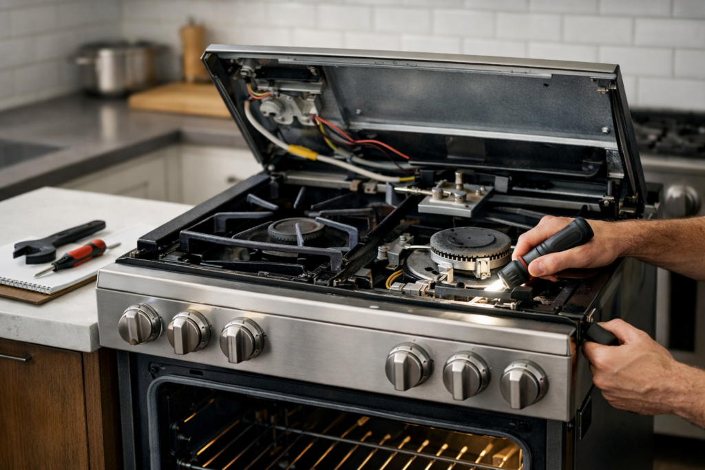 Technician inspecting a modern gas range in a bright kitchen, focusing on repair and warranty assessment