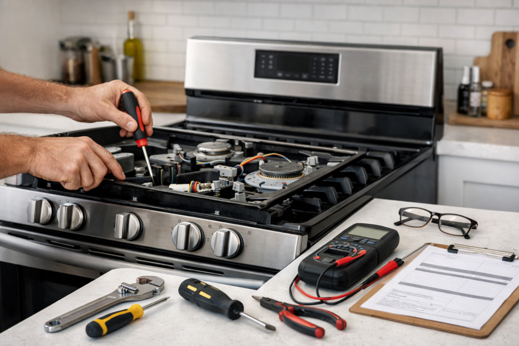 Gas range with open oven door in modern kitchen and technician inspecting burner components for repair assessment