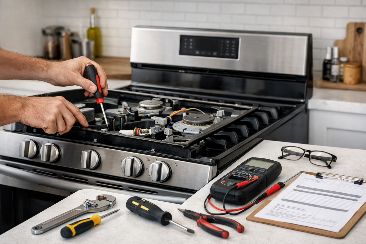 Gas range with open oven door in modern kitchen and technician inspecting burner components for repair assessment